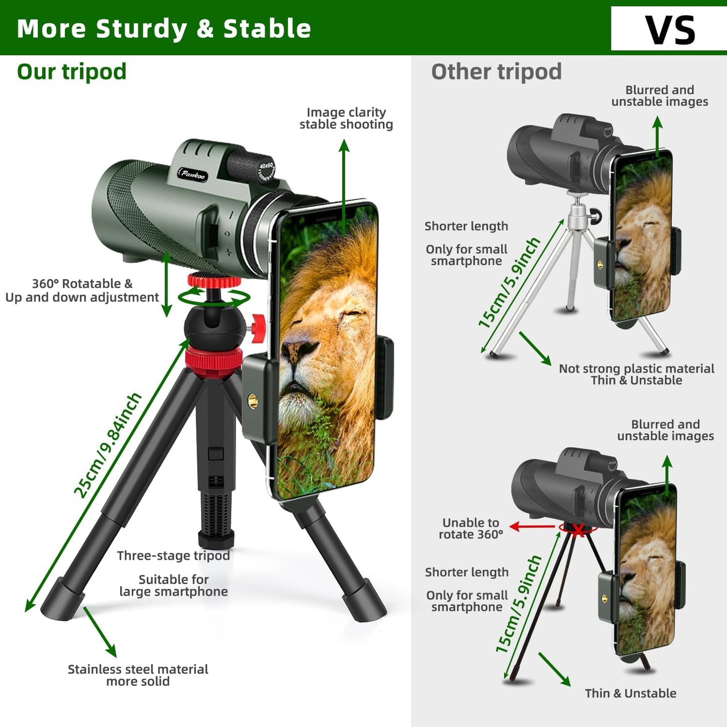 40x60 High-Power Monocular Telescope for Adults with Phone Adapter, Tripod, and Hand Strap - Low Light Vision Monocular with BAK4 Prism