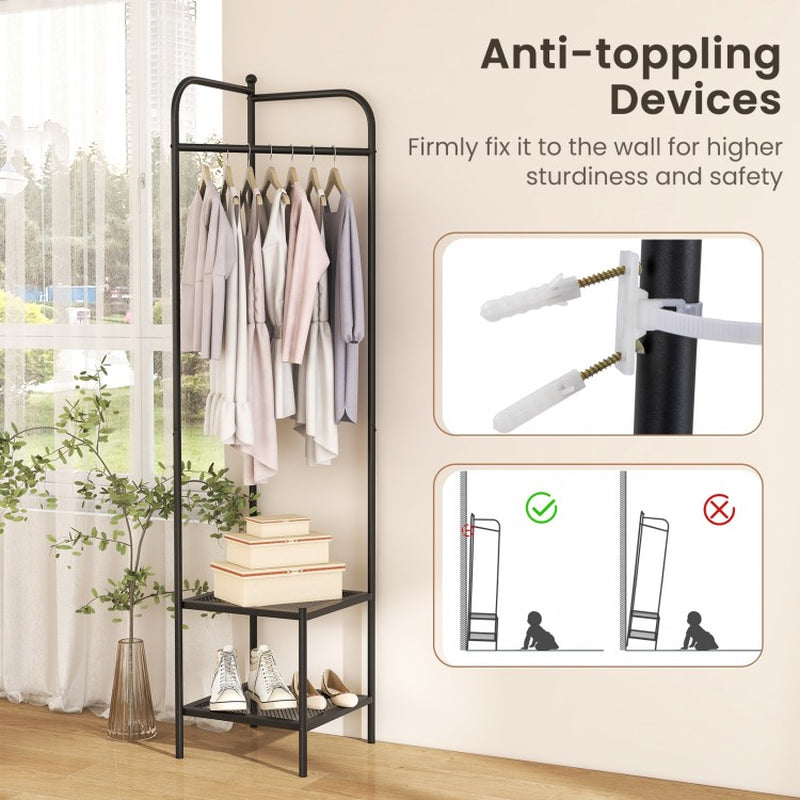 Corner Coat Rack with Top Hanger and Dual Mesh Shelves for Entryway, Hallway, Living Room, and Bedroom