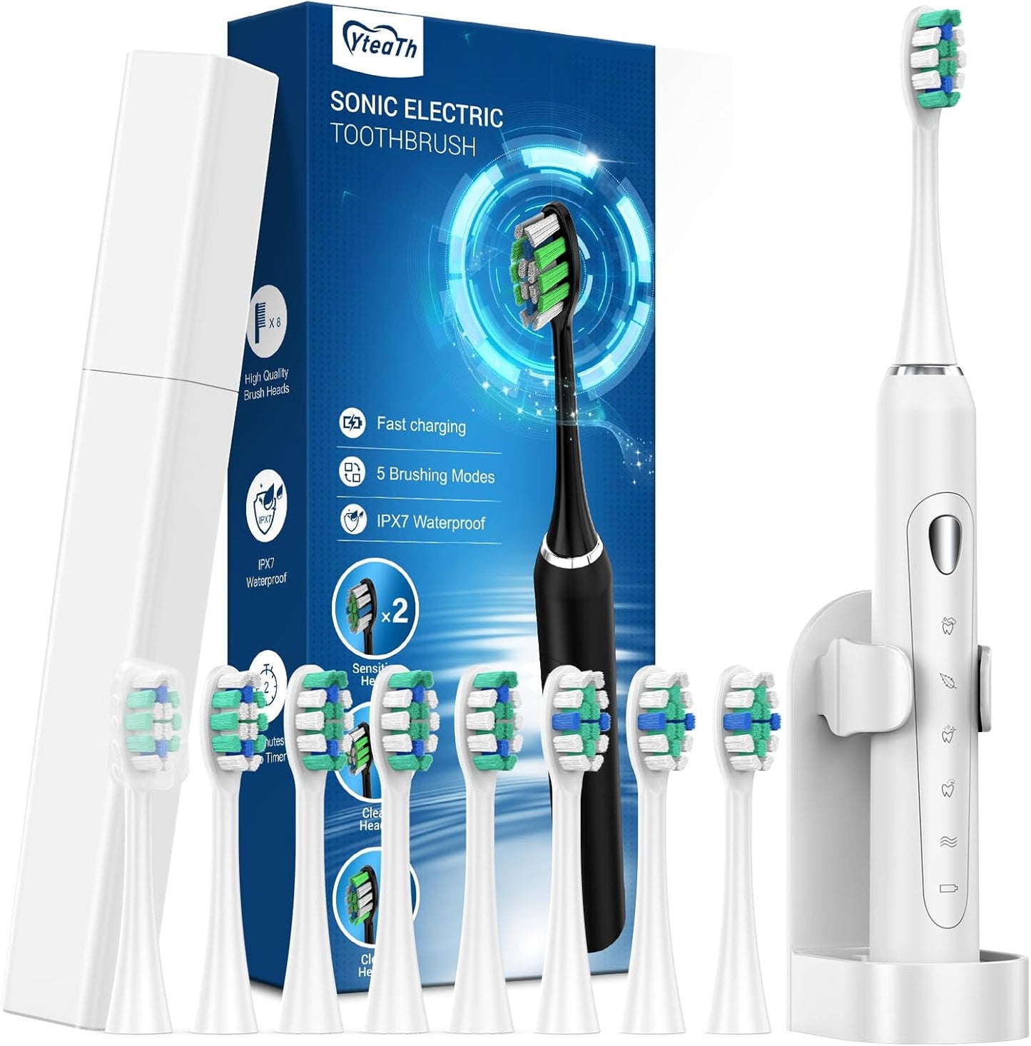 Sonic Electric Toothbrush for Adults with 8 Replacement Brush Heads, 60-Day Battery Life, 5 Cleaning Modes, and 2-Minute Smart Timer