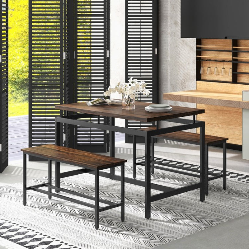 3-Piece Dining Table Set Featuring Wooden Kitchen Table and Two Benches