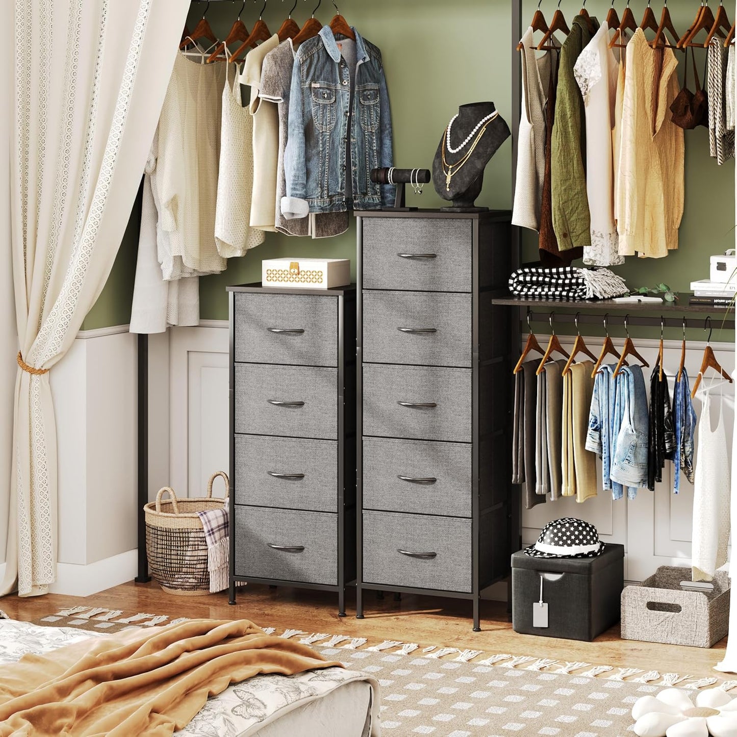 5-Drawer Tall Dresser for Bedroom, Fabric Dresser, Storage Dresser Organizer with Fabric Bins, Wood Top, Sturdy Steel Frame, Chest of Drawers for Closet, Hallway (Dark Grey)