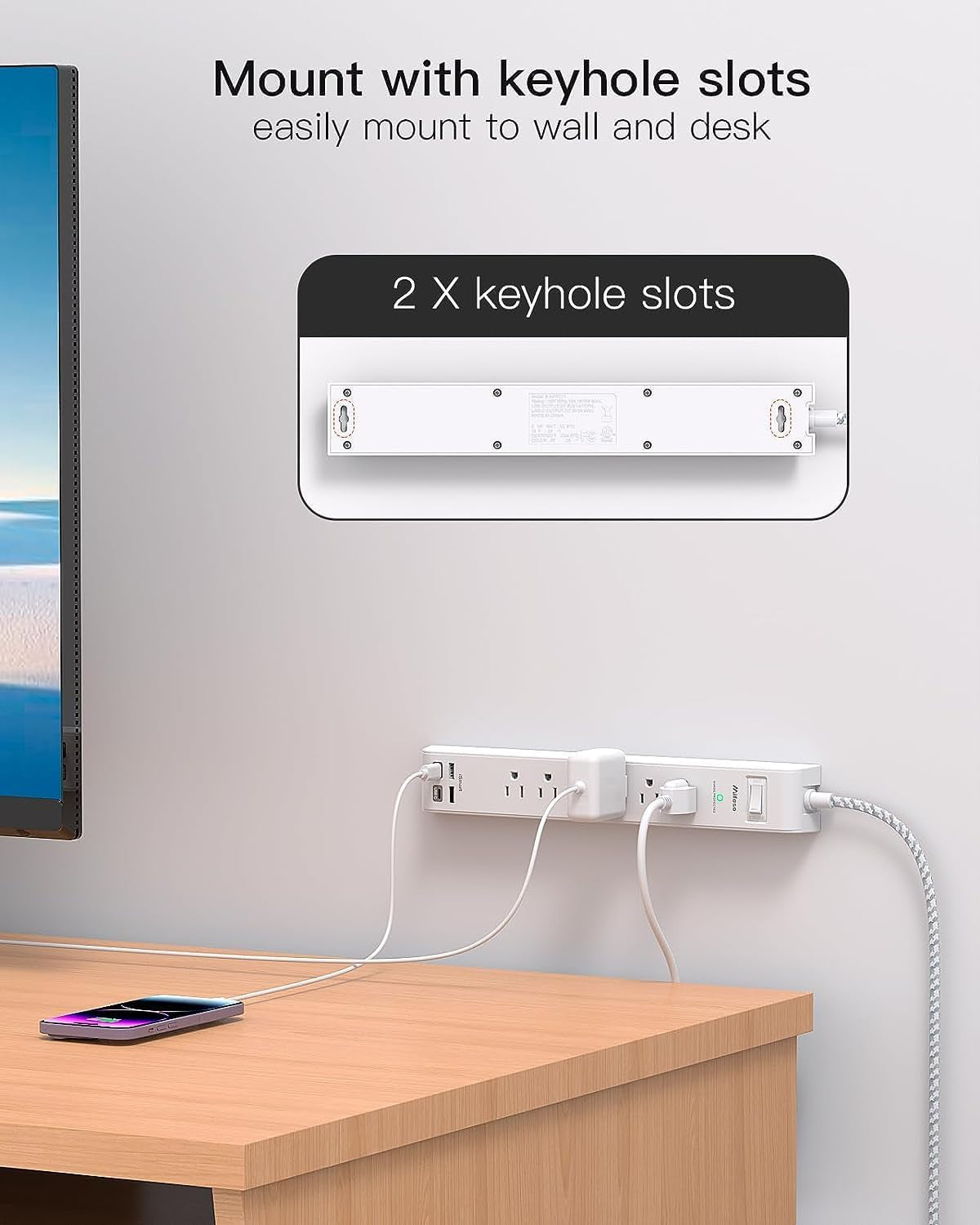 Dual Pack Power Strip - Surge Protector with 6 Outlets and 4 USB Charging Ports, 5Ft Braided Extension Cord, Flat Plug, Overload Protection, Wall Mount for Home and Office Use