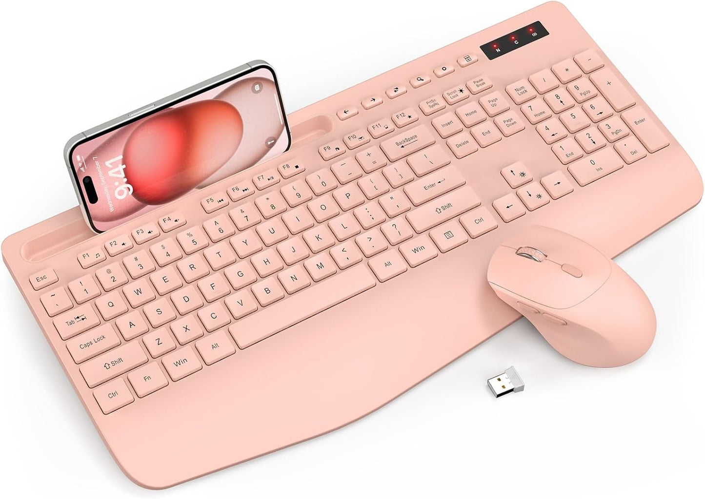Wireless Ergonomic Keyboard and Mouse Combo - Full-Sized Design with Wrist Rest, Phone Holder, Sleep Mode, and Silent 2.4GHz Connectivity (Black)