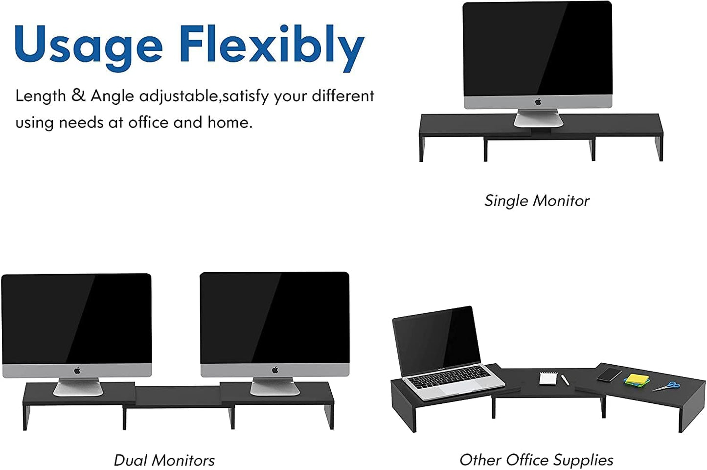 Dual Monitor Stand with Adjustable Length and Angle - 3-Shelf Wood Desktop Riser, Medium Black Office Accessory