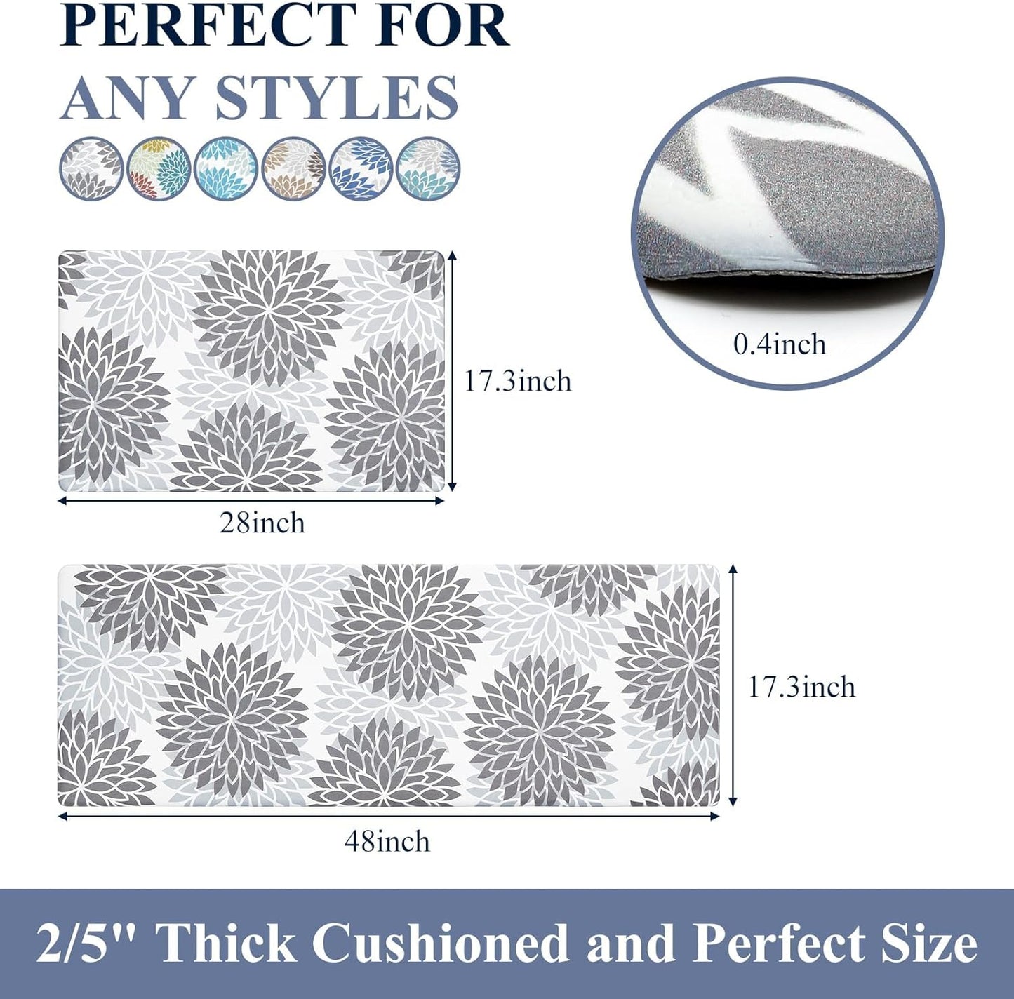 Anti-Fatigue Kitchen Rug Set - 2-Piece Non-Skid Cushioned Floor Mats (17" x 48" & 17" x 28") - Waterproof Runner Mats