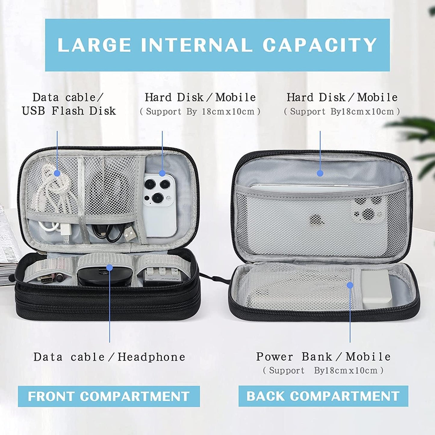 Portable Waterproof Electronic Organizer Bag - Double Layer Travel Case for Cables, Chargers, and Accessories - Black