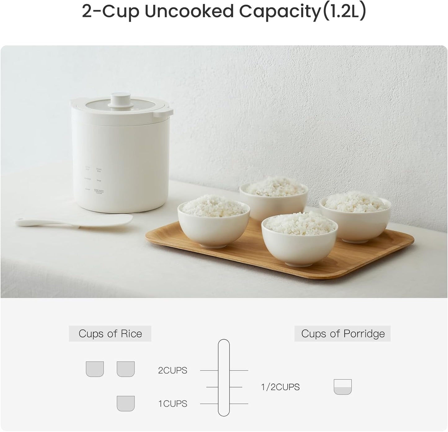 2-Cup Compact Rice Cooker with Four Cooking Functions, 24-Hour Preset, Keep Warm Feature, and Heat-Resistant Carry Handle