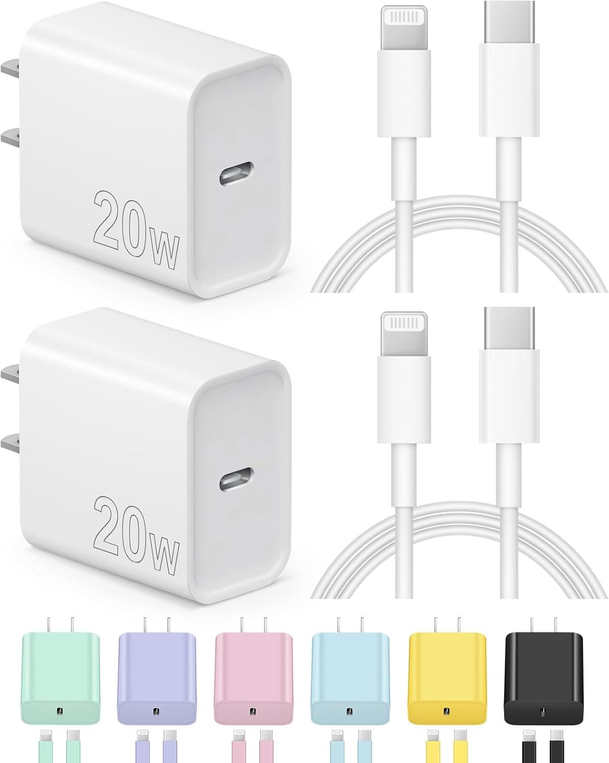 Apple MFi Certified 20W Fast Charger - Dual Pack Type C Wall Charger with 6Ft USB C to Lightning Cables for iPhone 14/13/12/11 Pro/Pro Max/Xs Max/Xr/X/iPad/AirPods Pro