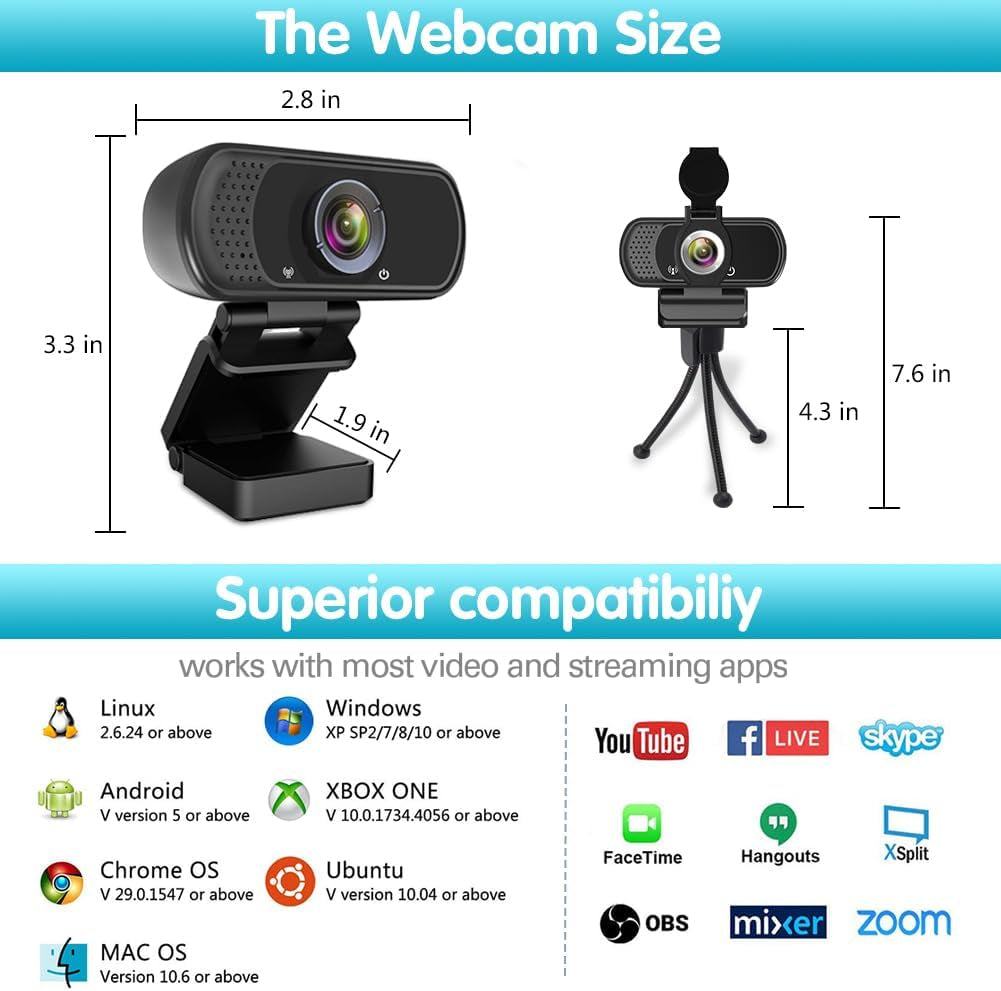 1080P HD Webcam with Stereo Microphone for Video Conferencing, Streaming, and Gaming - 110 Degree Wide Angle USB Camera