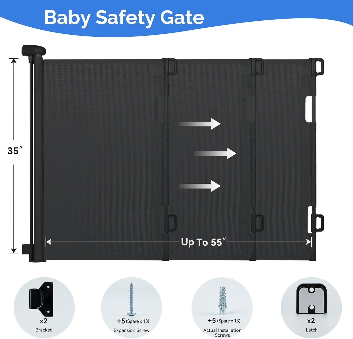 Retractable Indoor/Outdoor Safety Gate for Children and Pets - Extends 55" Wide and 35" Tall,
