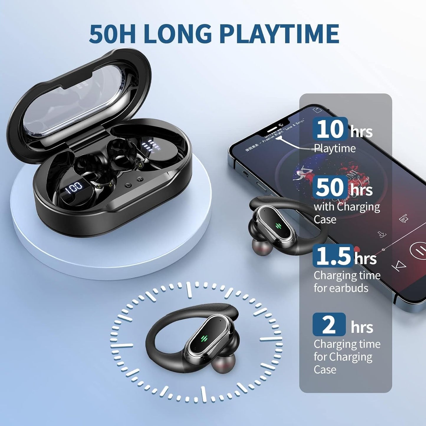 Bluetooth 5.3 Wireless Earbuds - ENC Noise Cancelling Microphone, 50-Hr Stereo Playback, IP7 Waterproof Rating, Dual LED Display