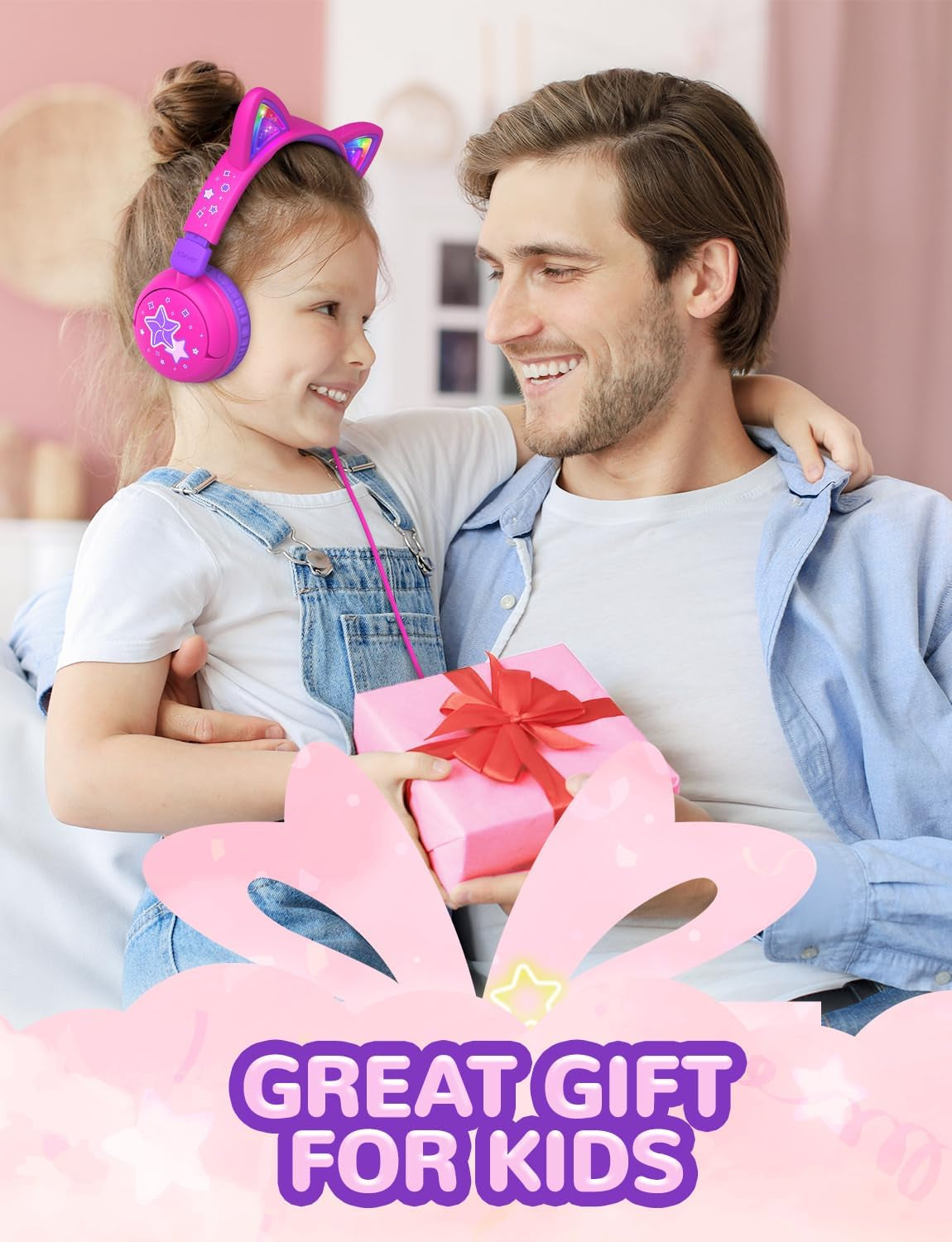 Children's Cat Ear Headphones with LED Lights, 85dBA Volume Limiting, Stereo Sound, Foldable Wired Design for Travel and School, Compatible with iPads and Tablets, Meow Lollipop - Hot Pink
