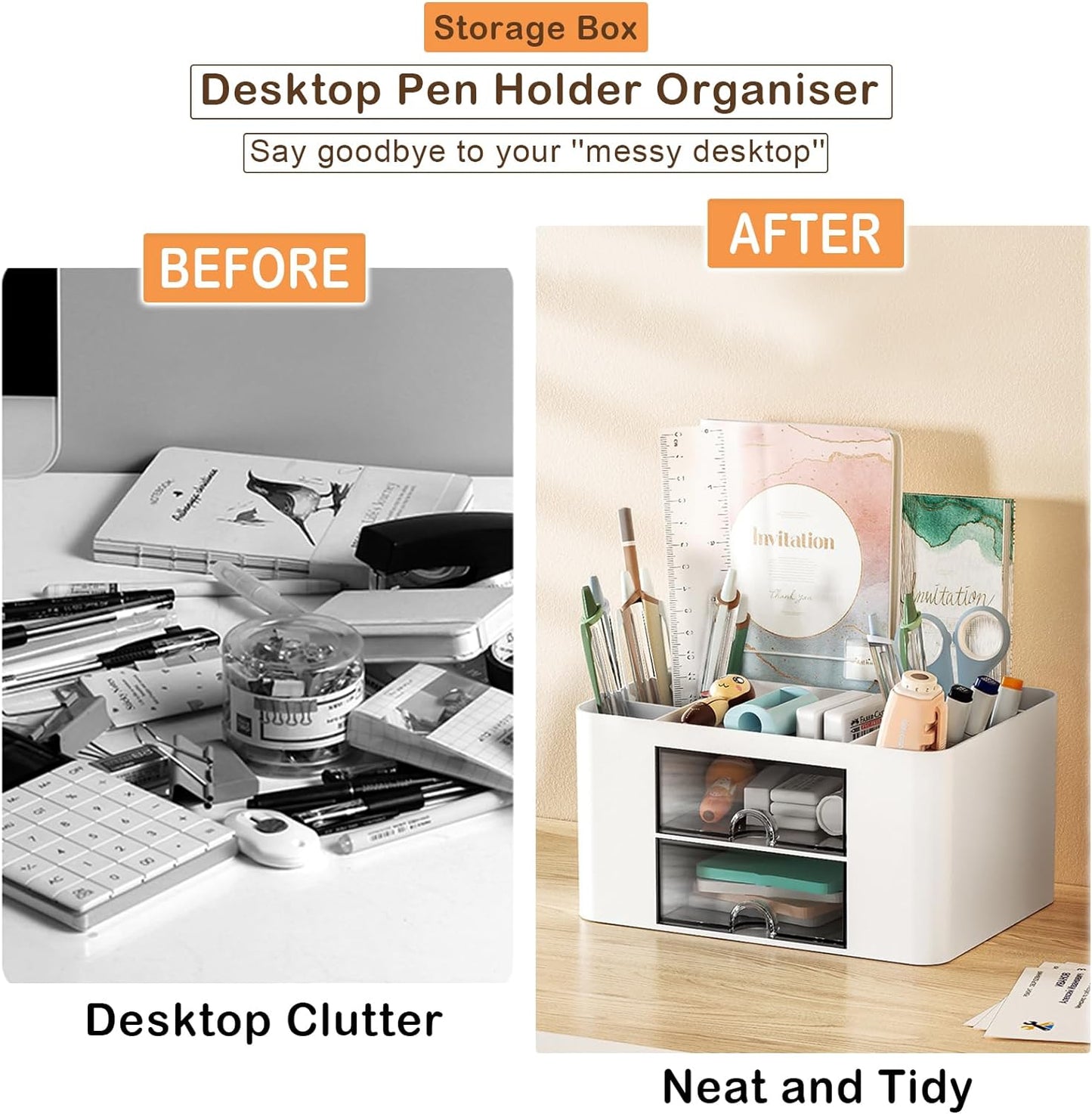 4-Section Drawer Organizer with Dual Pen Holders for Desktop Storage - Versatile Plastic Makeup and Desk Organizer for Home, School, and Office Supplies (White)