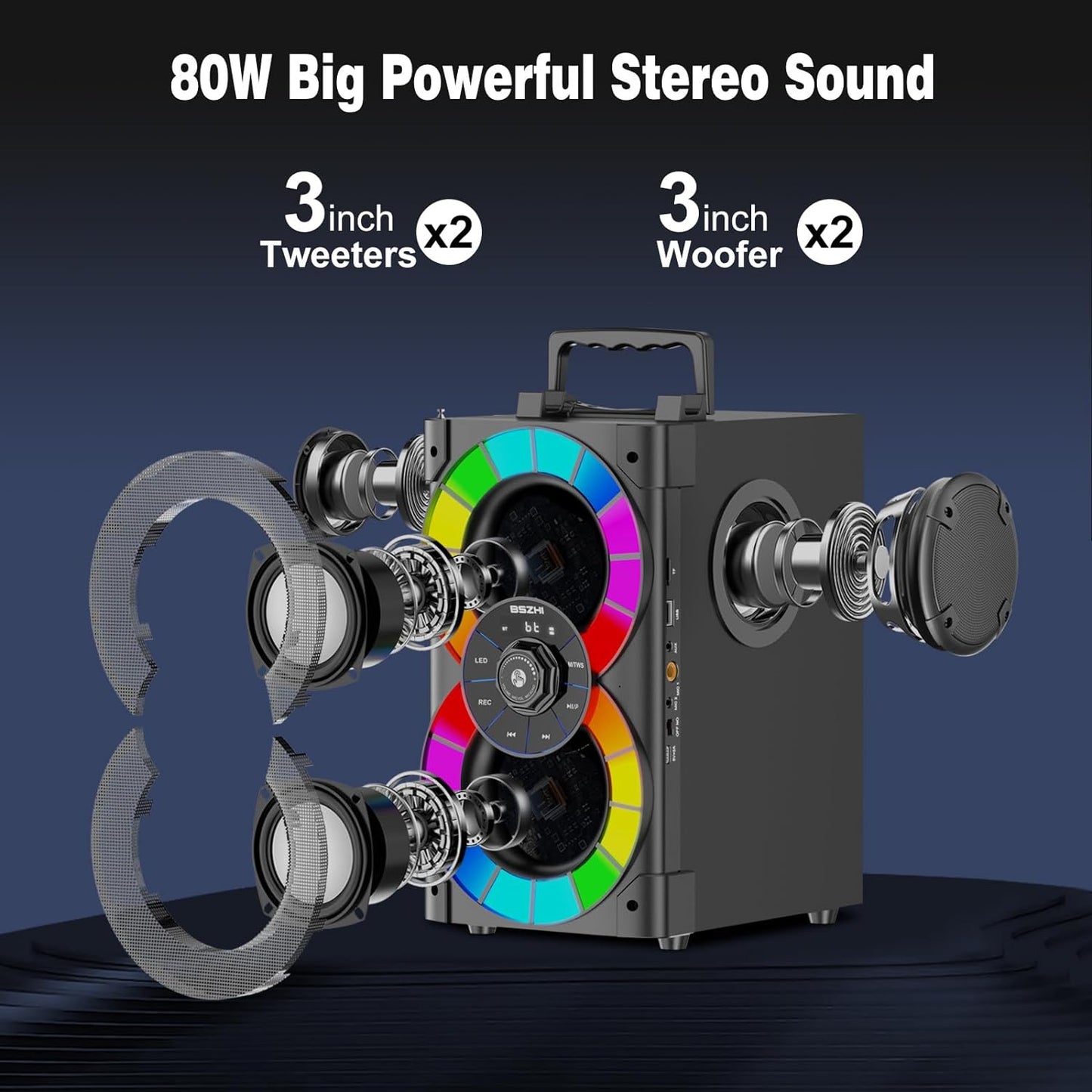 80W Portable Bluetooth Speakers - High-Performance Wireless Stereo Sound Boombox with Subwoofer, FM Radio, LED Lights, Remote Control