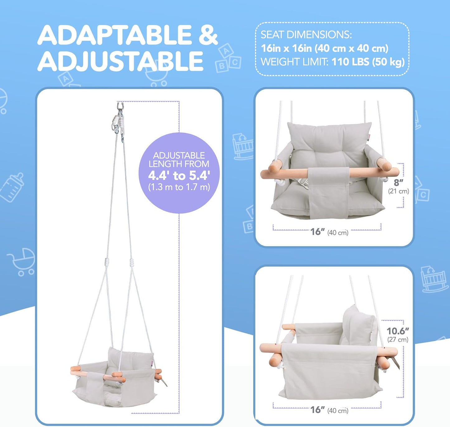 Canvas Baby Swing Safety Belt - Durable Wooden Hanging Seat Chair - Indoor/Outdoor, Hardware, Gray