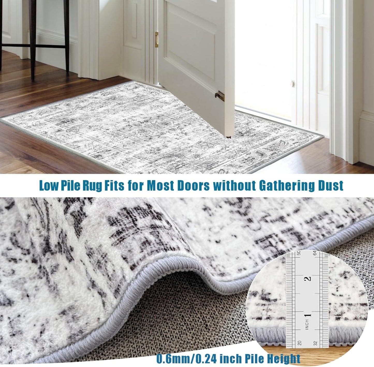 Boho Non-Slip Washable Runner Rug for Hallway and Kitchen, 2x5 Ft Light Grey Area Mat for Bedroom, Bath, Laundry, and Entryway