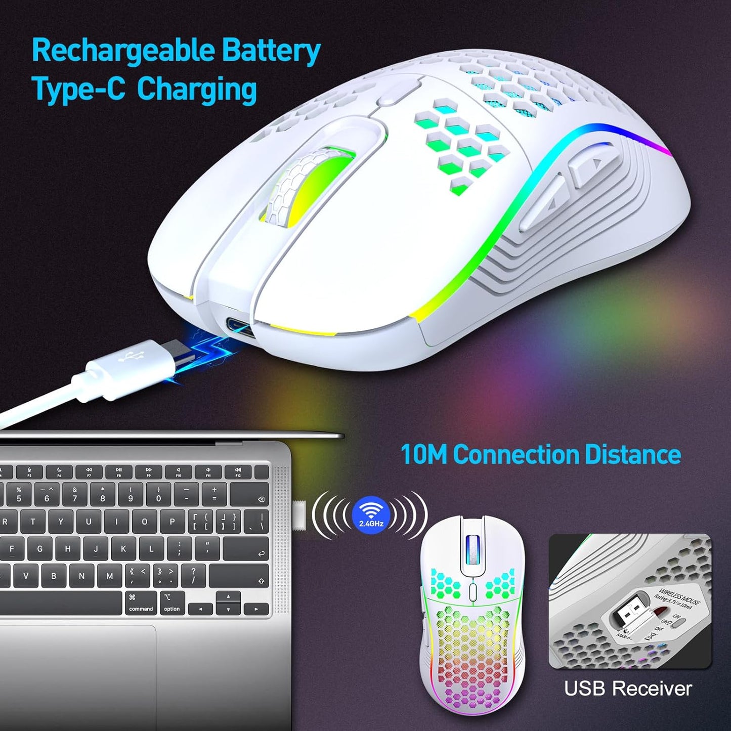Wireless Gaming Mouse, Rechargeable Computer Mouse with RGB Backlight, USB Receiver, 6 Buttons, Adjustable DPI (White)