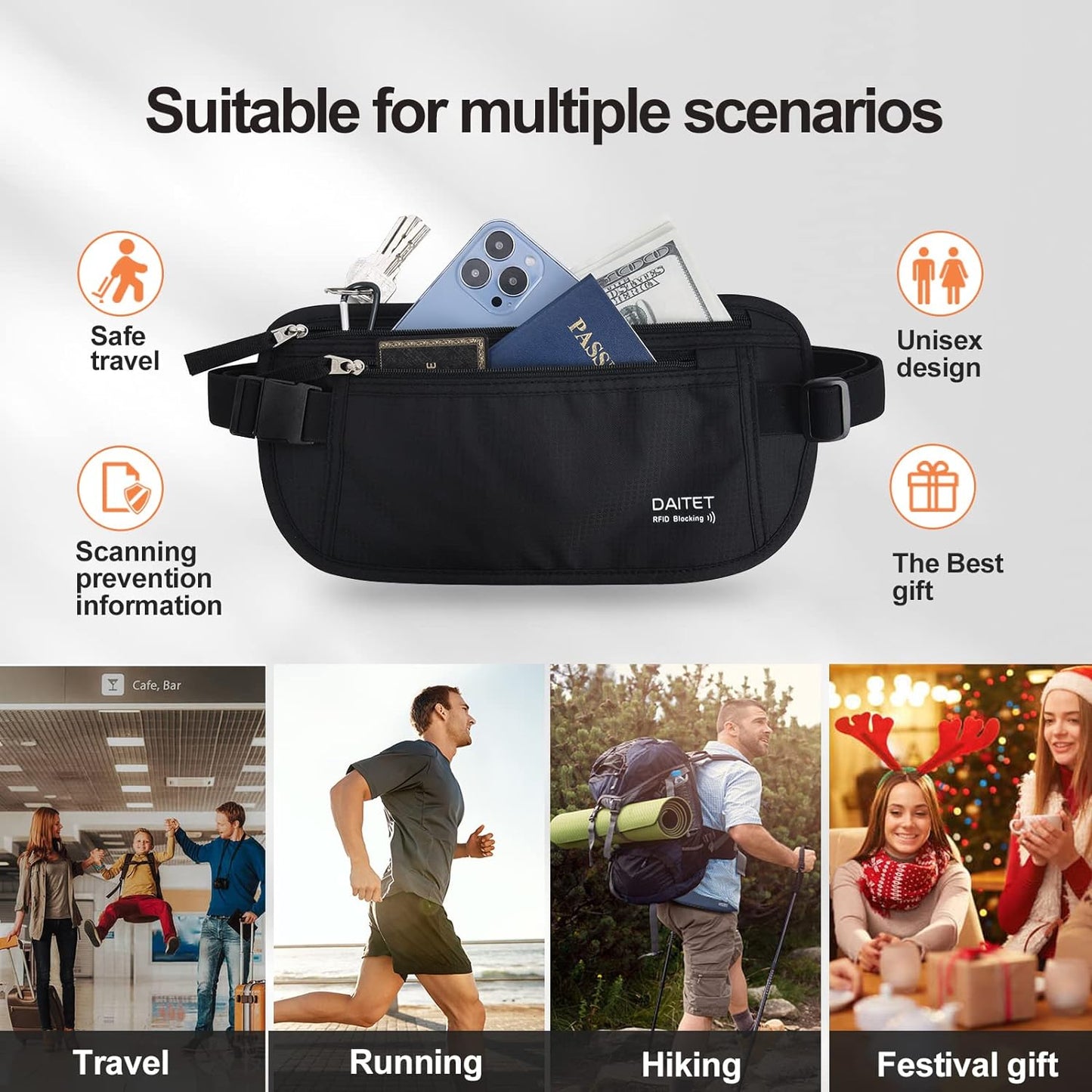 RFID-Blocking Money Belt and Passport Holder - Secure Hidden Travel Wallet Fanny Pack (Black)