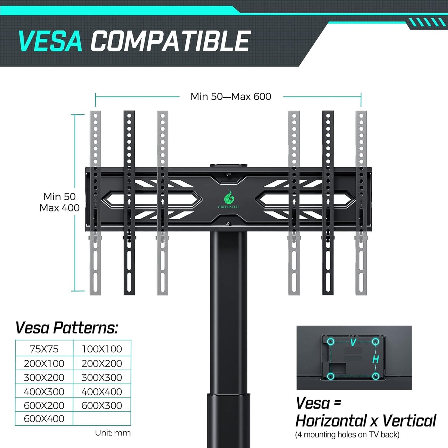 Height Adjustable Swivel TV Stand - Power Outlet for 32-70 Inch TVs, Wood Base, Supports up to 110 lbs, VESA 600x400mm, Black