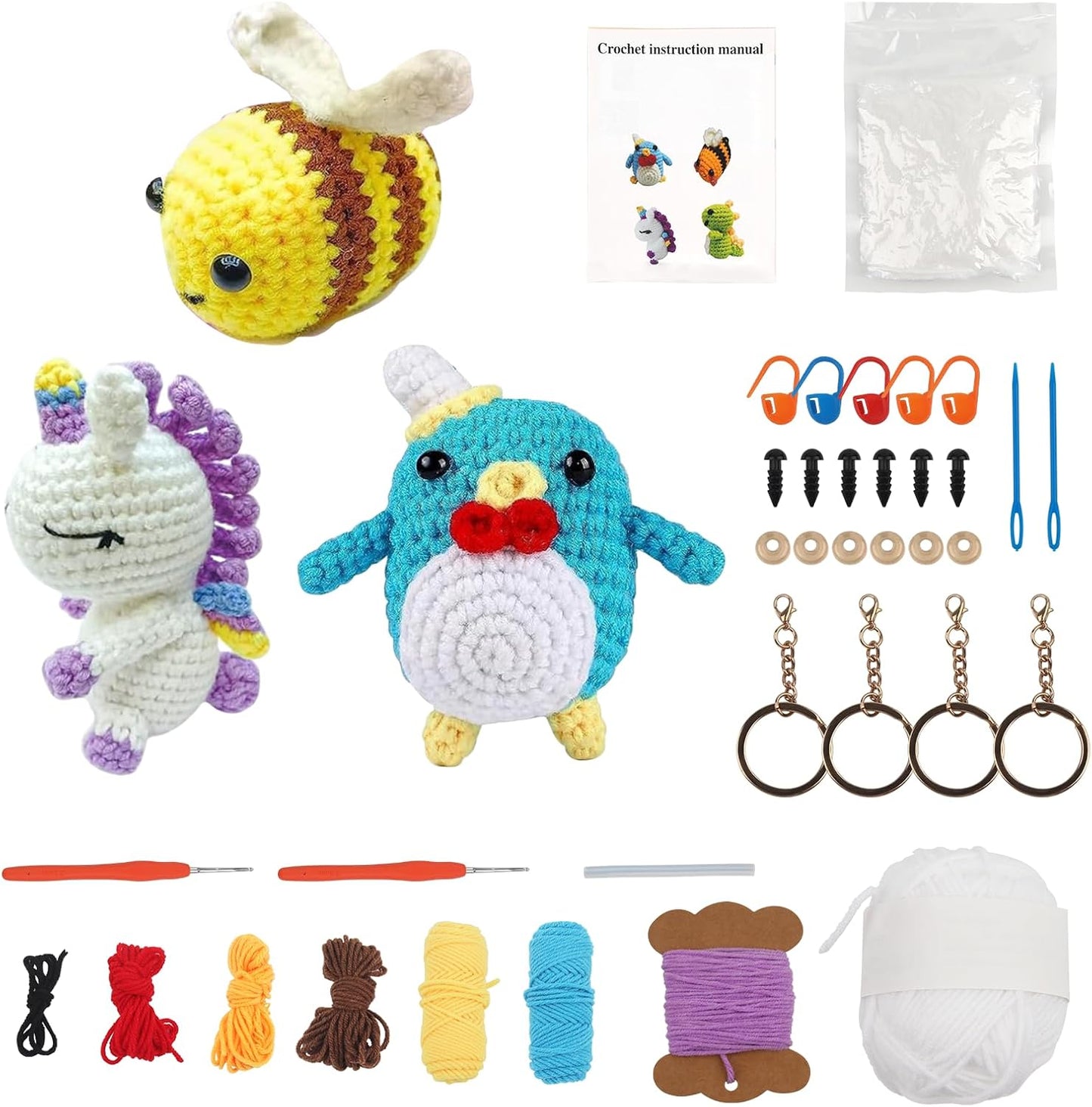 Beginner's Christmas Crochet Kit: 3-Piece Animal Set with Step-by-Step Video Tutorials, Complete DIY Kit Including Yarn, Eyes, Stuffing, and Crochet Hook - Perfect Gift for All Ages