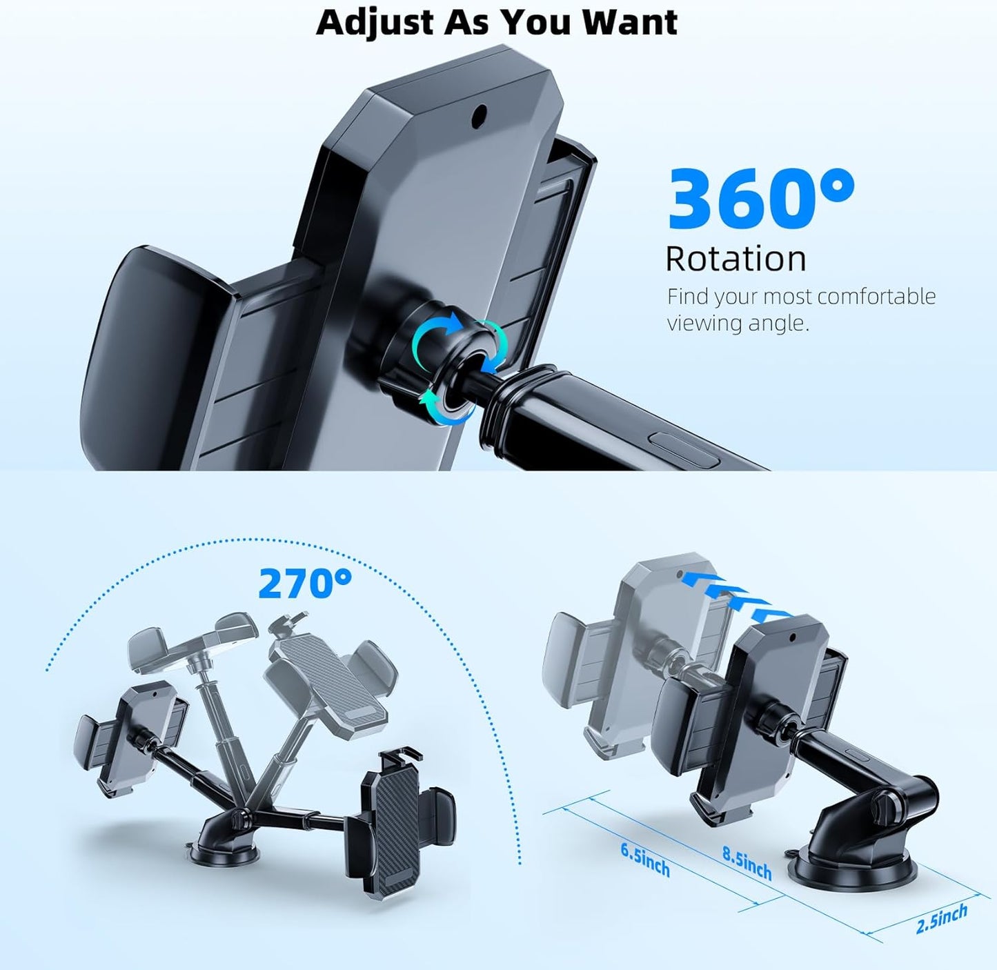 3-in-1 Universal Car Phone Holder with Off-Road Level Suction Cup and Clip - Dashboard, Windshield, and Vent Mount