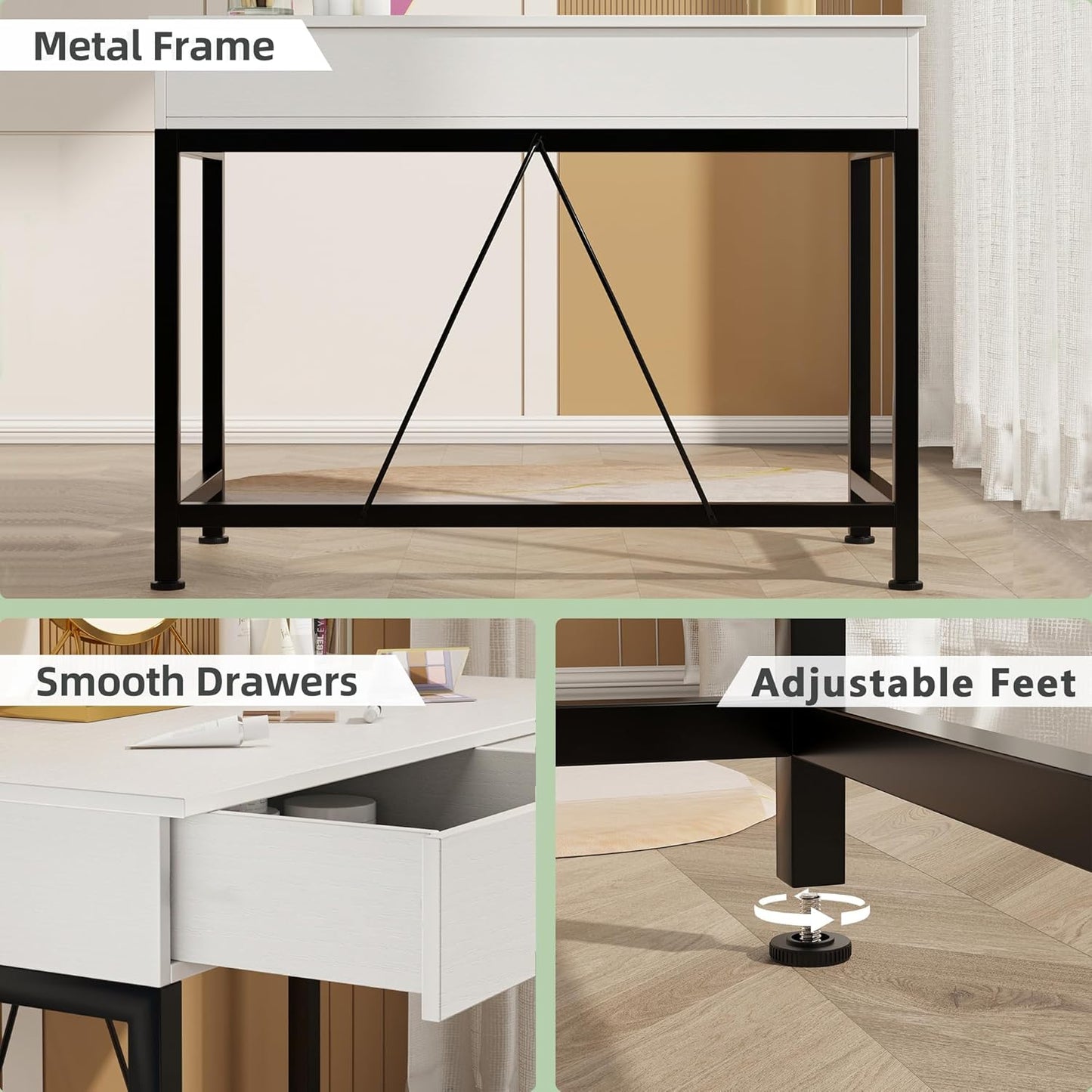 Wood and Metal Computer Desk with Drawers - Versatile Vanity and Makeup Table for Home Office and Small Spaces, 39.4" in White