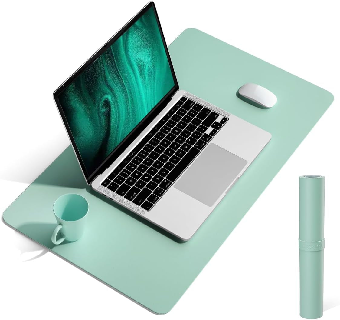 Non-Slip Waterproof PVC Leather Desk Pad, Ultra-Thin Large Mouse Pad, Easy-Clean Writing Mat (Olive Green, 31.5" x 15.7")