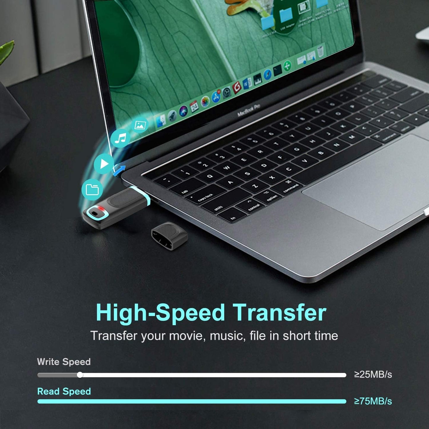 256GB USB 3.0 Flash Drive with Cap Design, Up to 100MB/s Read Speed, Cyan