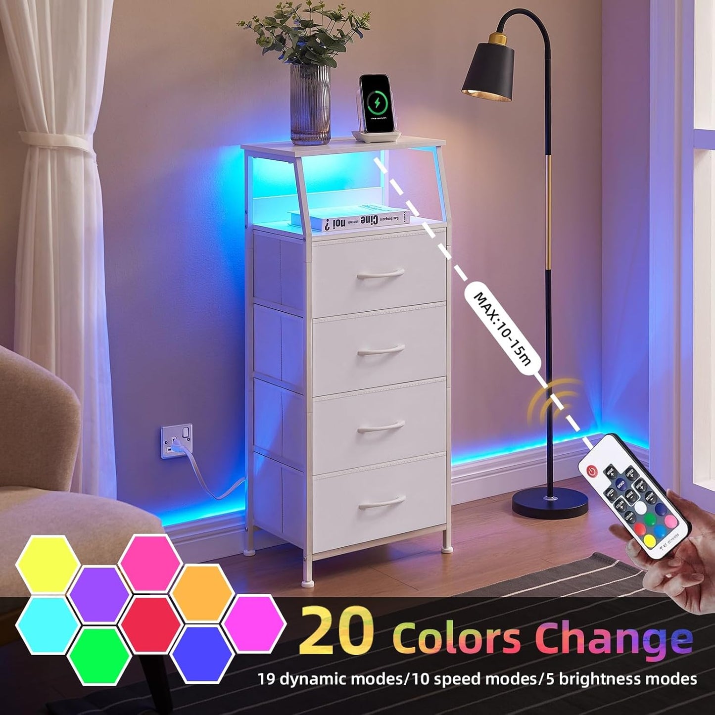 Nightstand Charging Station - LED Light Tall 4 Drawers Dresser - Fabric Bin, White Leather