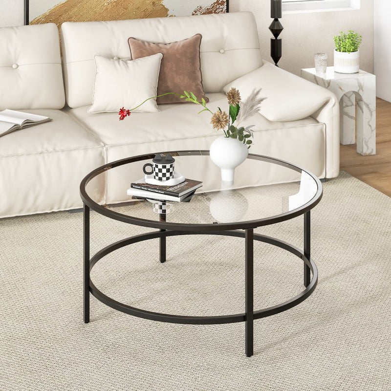 35.5-Inch Round Coffee Table with Tempered Glass Top