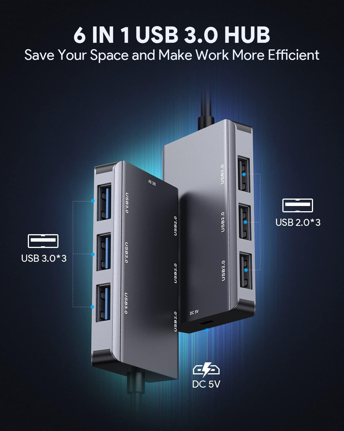 6-Port USB Hub 3.0 with 3 USB 3.0 and 3 USB 2.0 Ports - Ultra Slim Data Hub for Laptops, Notebooks, Mobile HDDs, USB Flash Drives, and More
