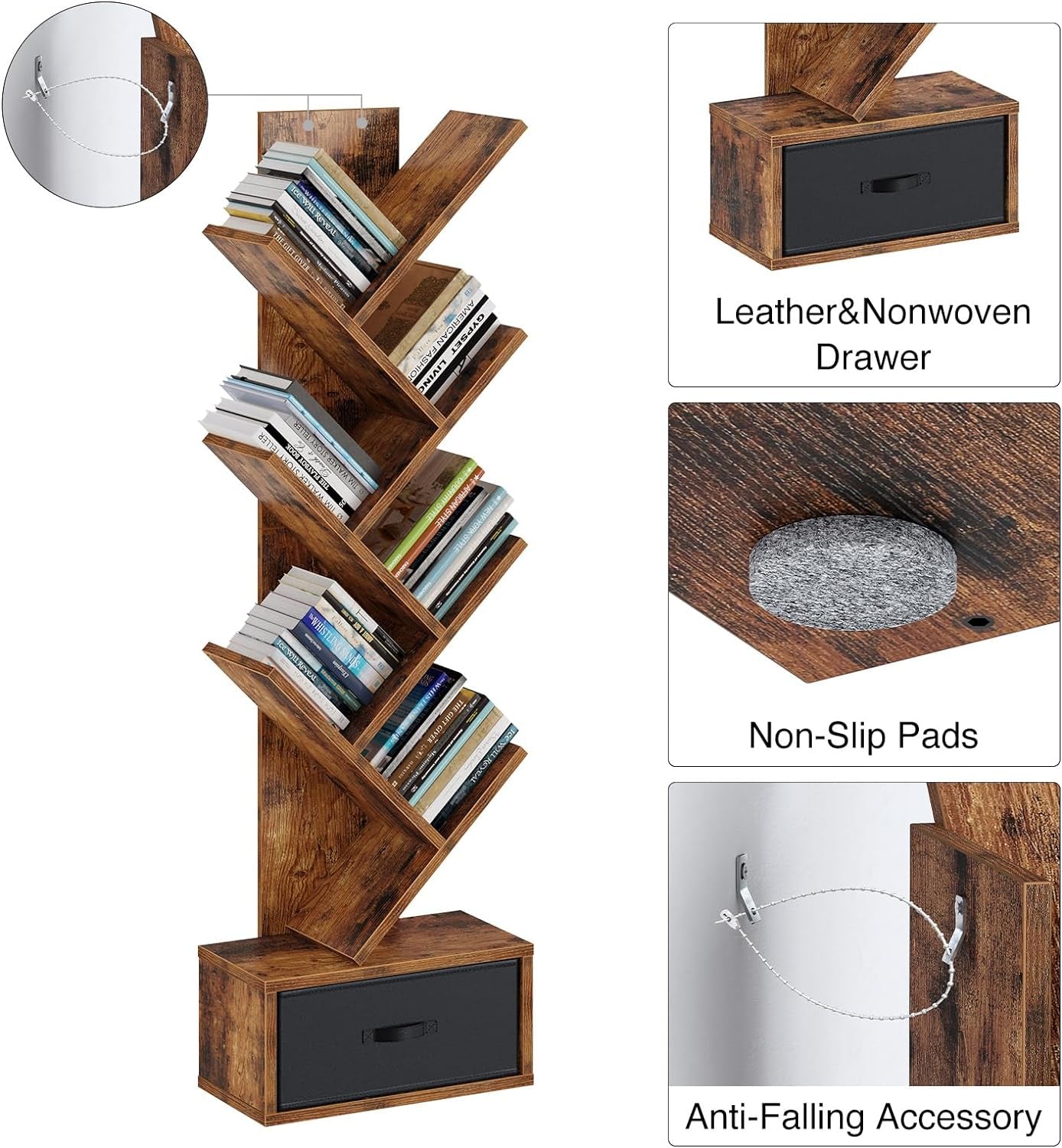 7-Tier Rustic Brown Bookshelf with Drawer, Wooden Storage Rack for CDs, Movies, and Books, Versatile Organizer