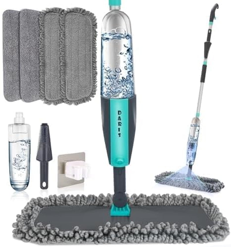 Microfiber Spray Mop - 360-Degree Spin Dust Mop - 12 FL.OZ Refillable Bottle, 4 Reusable Microfiber Pads, Scrubber and Holder