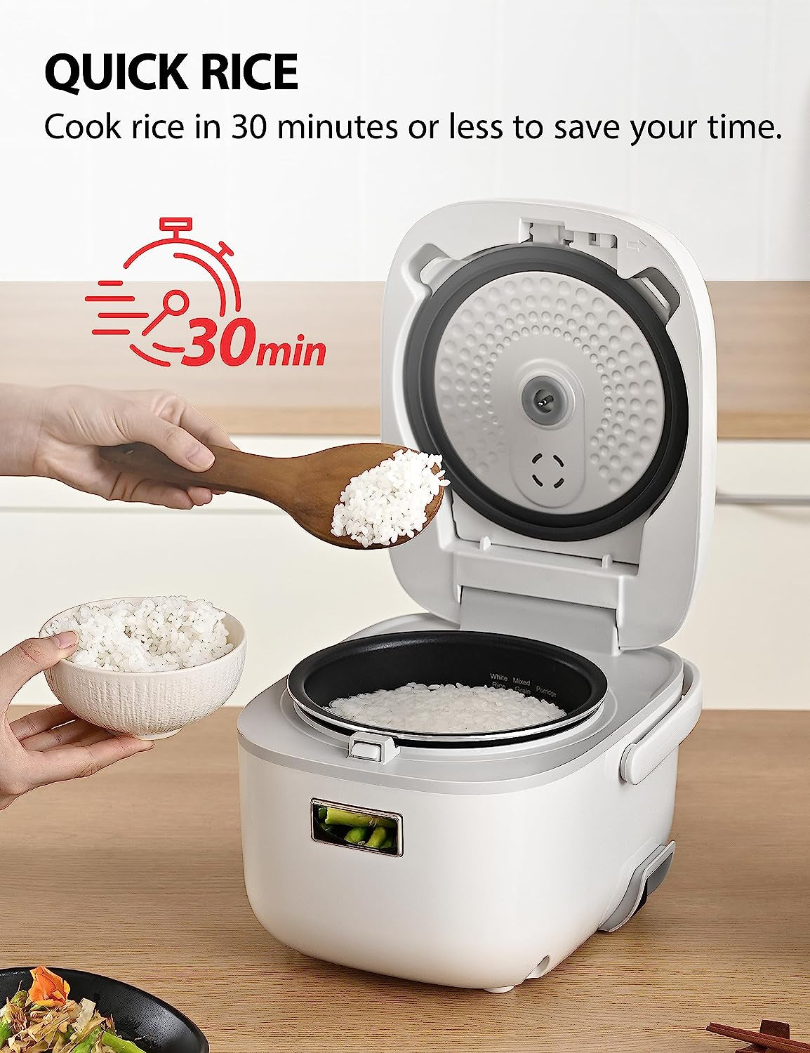 Rice Cooker Small 3 Cup Uncooked – LCD Display with 8 Cooking Functions, Fuzzy Logic Technology, Delay Timer. Auto Keep Warm, Non-Stick Inner Pot, White
