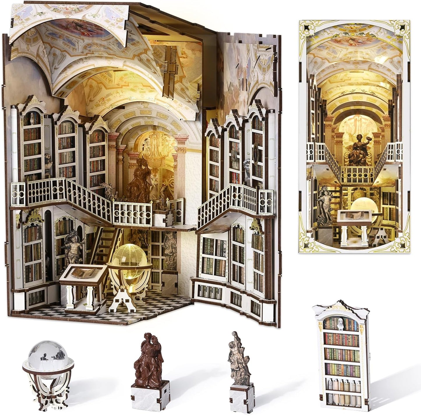 Book Nook Kit, DIY Miniature Dollhouse Booknook Kit, 3D Wooden Puzzle Bookend Bookshelf Insert Decor with LED Light for Teens and Adults (Beyond Library)