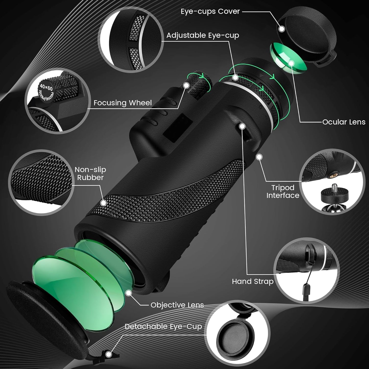 40X60 Monocular Telescope - Smartphone Holder and Tripod - Compact, Waterproof, HD Optics - BAK4 Prisms and FMC Lens