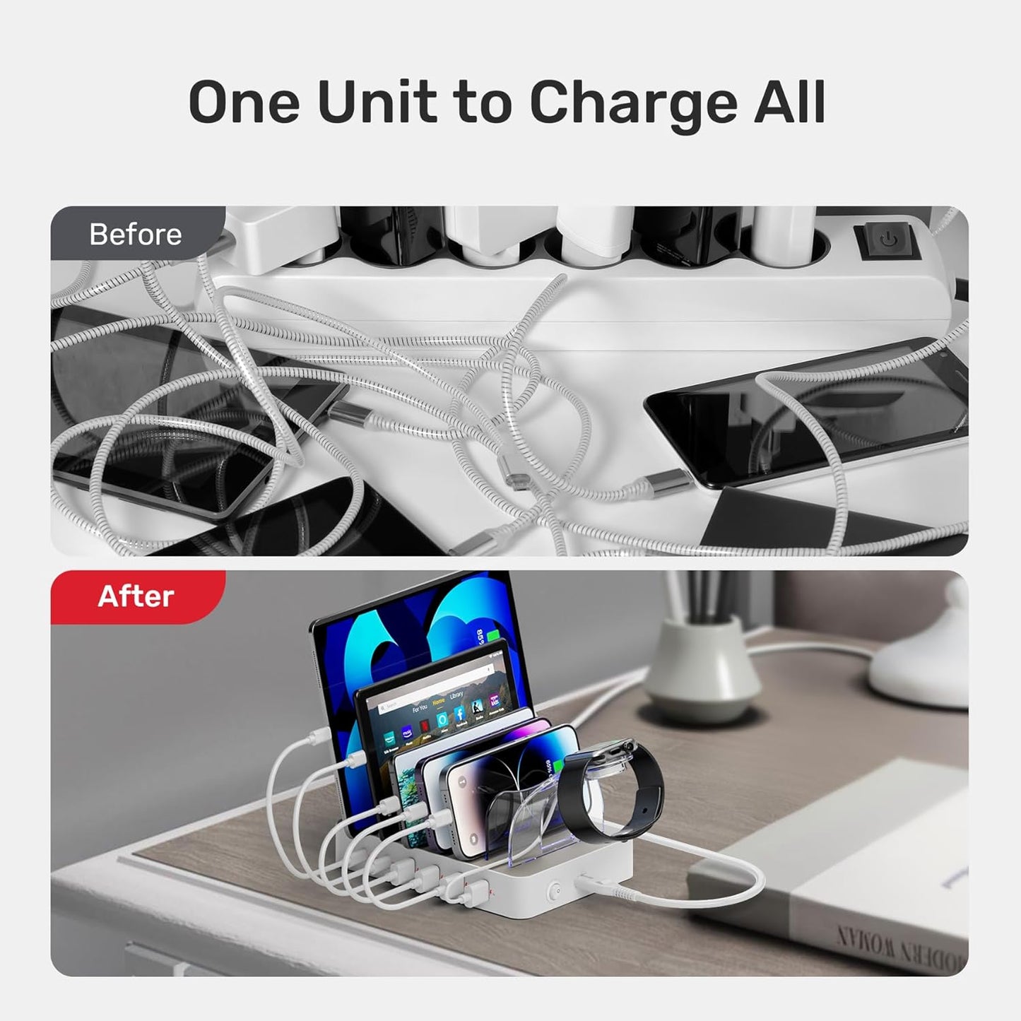 Fast USB Charging Station - 6 Port USB C Charging Dock with 2 PD 20W, Multiple Devices Charging Station Organizer