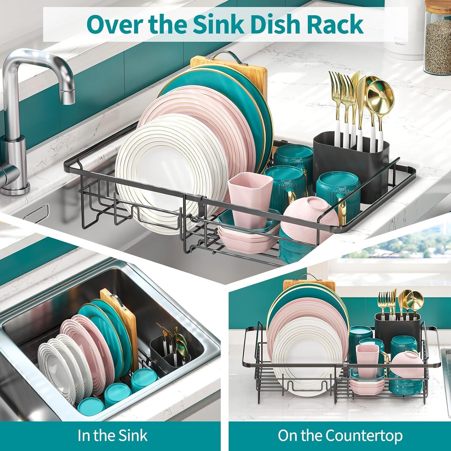 Adjustable Expandable Dish Drying Rack for Over-the-Sink Use, Rustproof Kitchen Dish Drainer with Utensil Holder