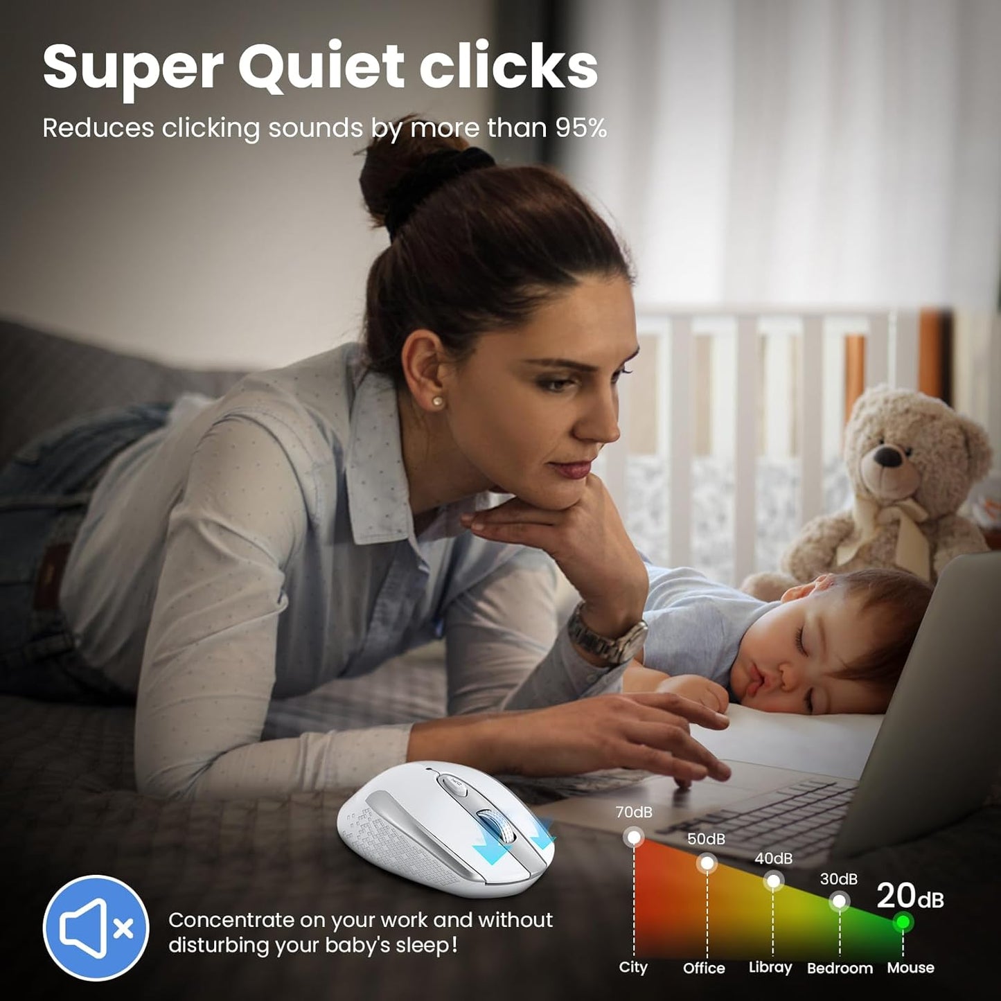 Ergonomic Wireless Mouse for Laptops - 2.4G Silent Optical USB Mouse with 6 Buttons, 3 Adjustable DPI Levels (White)