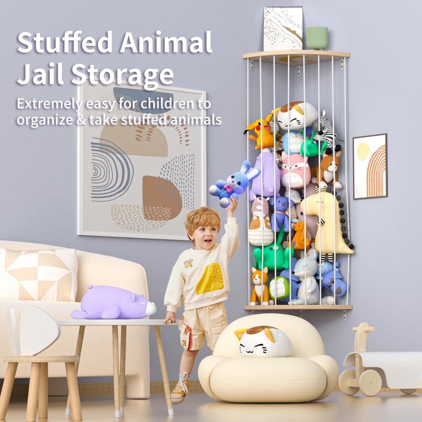 Wooden Stuffed Animal Storage Shelf with Adjustable Length - Large Corner Organizer for Plush Toys, Featuring Moon Zoo Pattern