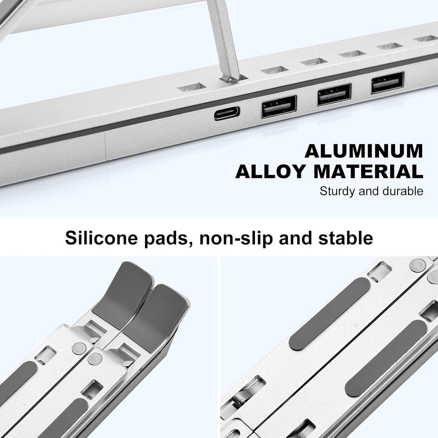 Laptop Stand with Usb、Type C and RGB Lights, Aluminum Adjustable Foldable Laptop Stand for Desk, Ergonomic Portable Laptop Riser Holder