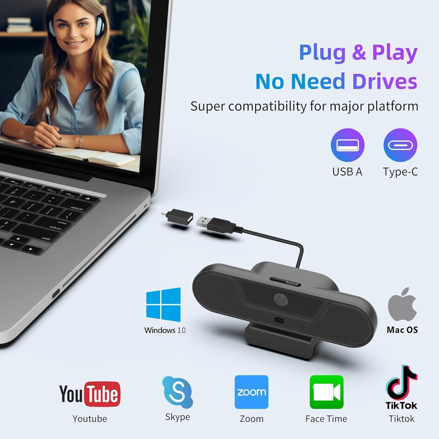 4K UHD PTZ Webcam with Integrated Speaker - Four Microphones, Remote Control, Digital Zoom, Autofocus, Privacy Cover, Tripod
