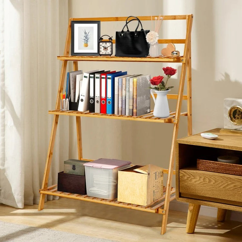 Foldable 3-Tier Bamboo Plant Stand Display Shelf for Balconies