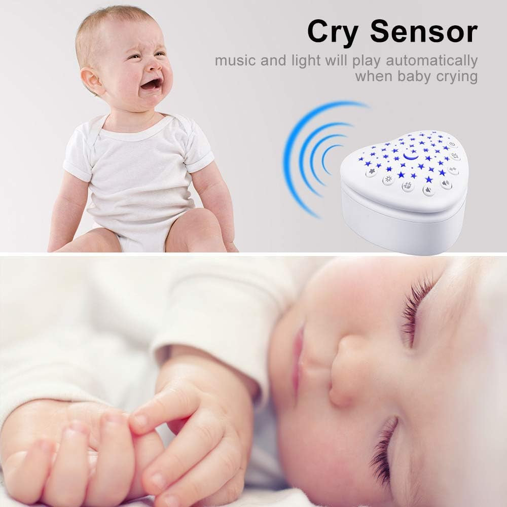 White Noise Machine Baby Sleep Soother - 15 Soothing Sounds, Projector Night Light, Cry Sensor, Rechargeable Battery, Portable Attachment