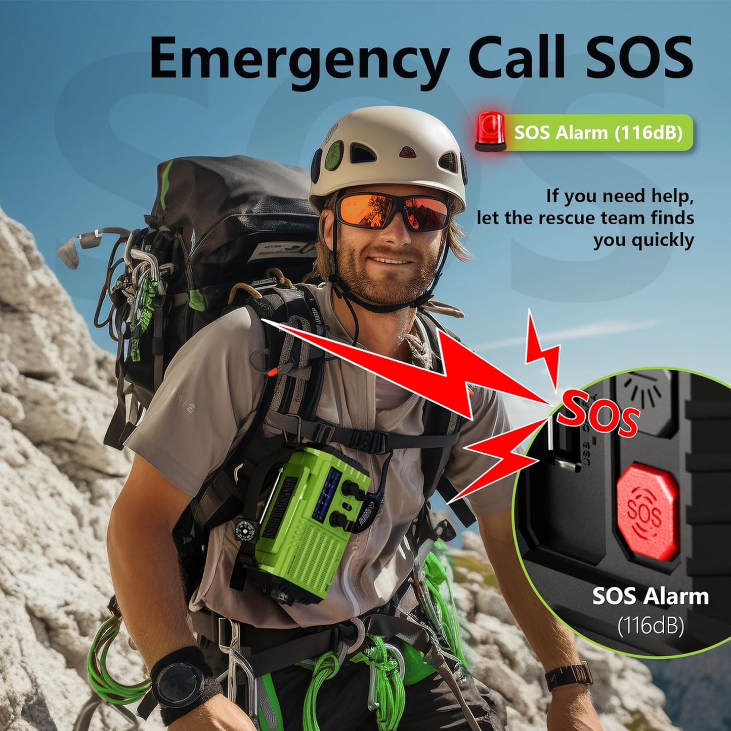 5-Way Powered Emergency Weather Radio Solar Charging, Hand Crank, USB Charger - 5000 Rechargeable, Radio, SOS Alarm, LED Camping Flashlight, Reading Lamp, Headphone Jack, Compass