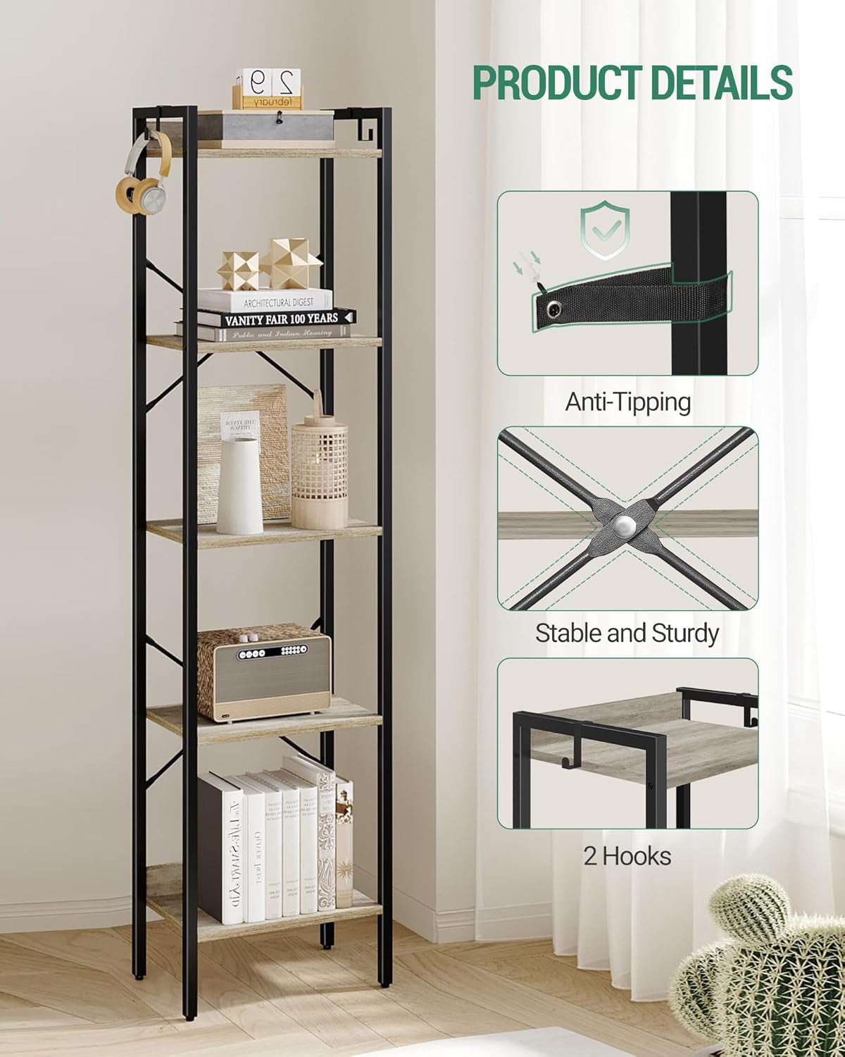 Industrial 5-Tier Bookshelf with Hooks - Greige Corner Storage Organizer for Home Office, Living Room, Bedroom, and Kitchen