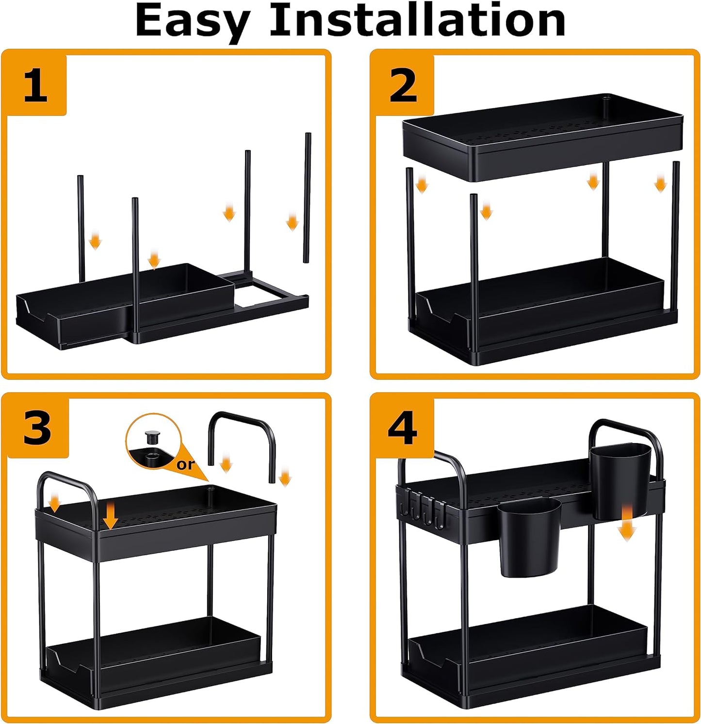 2-Pack 2-Tier Under Sink Organizer with Sliding Design, Hooks, and Hanging Cups for Kitchen and Bathroom Storage - Black
