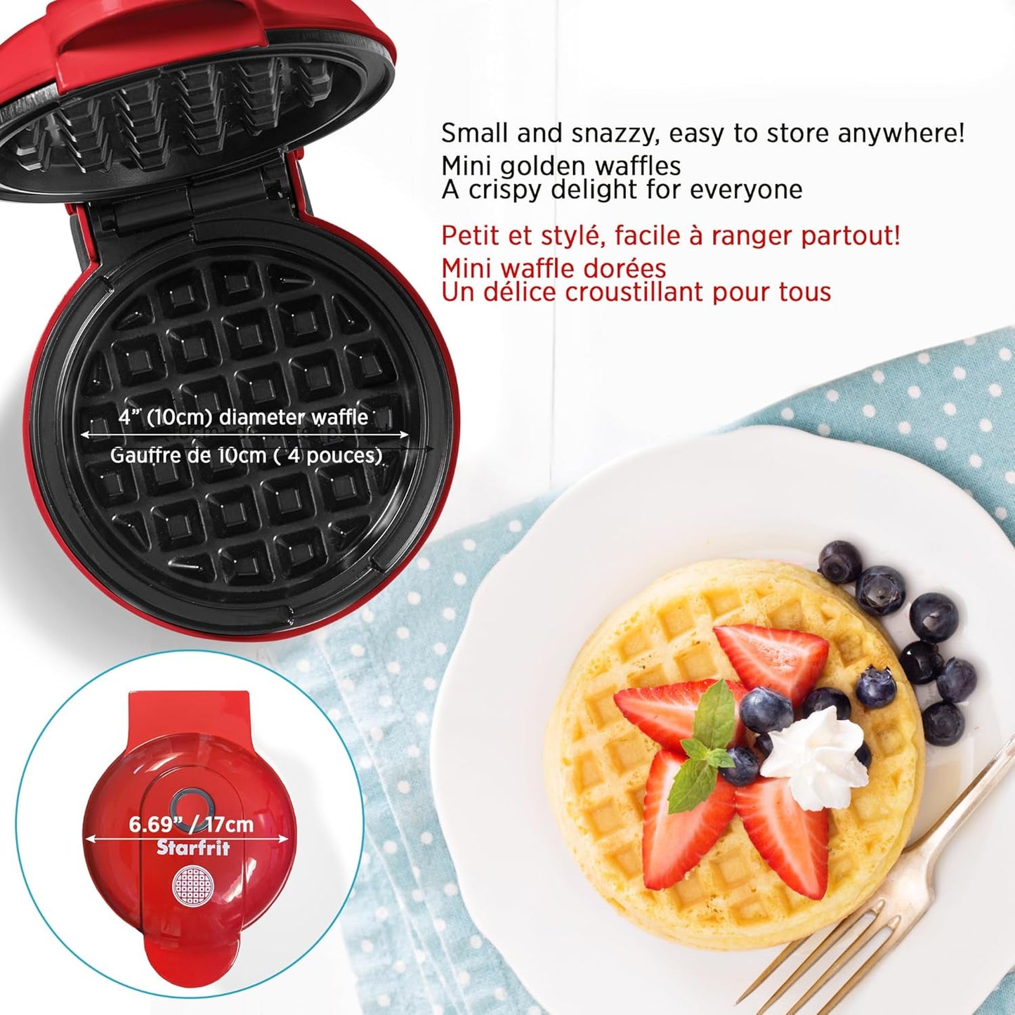 Electric Mini Waffle Maker with 4-Inch Non-Stick Cooking Surface - User-Friendly and Easy to Clean - Red - 350W