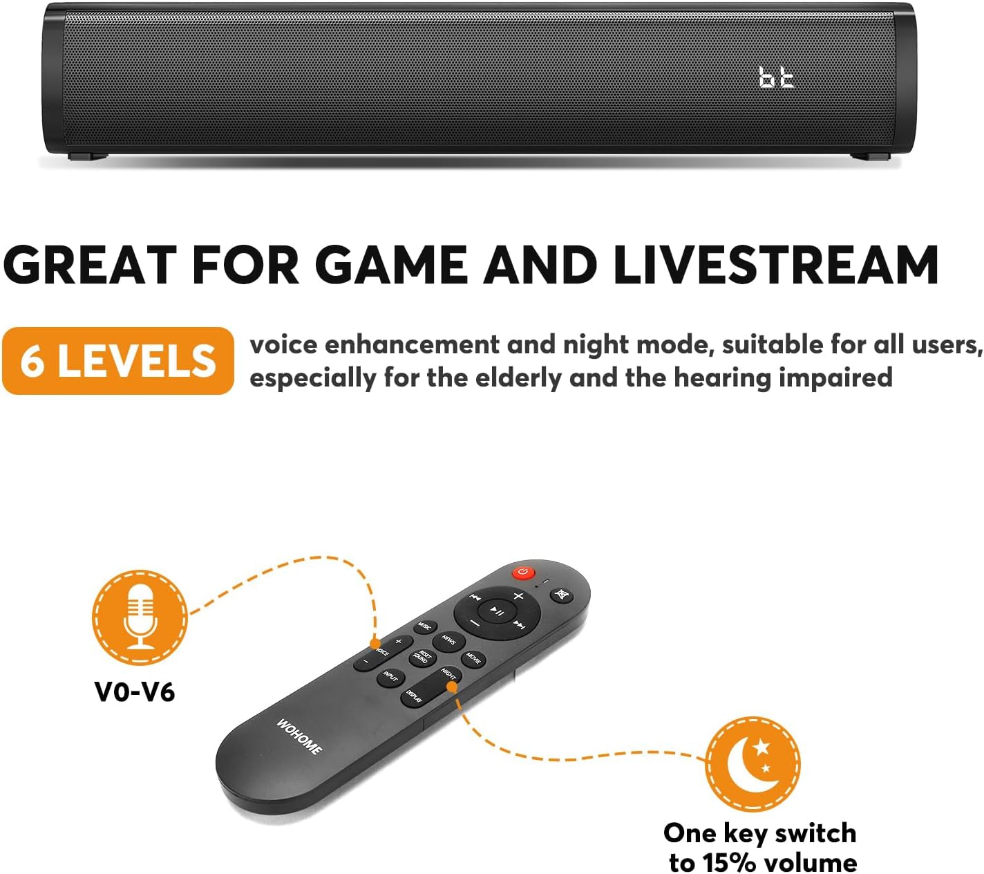 2.1 Channel Compact Sound Bar - Integrated Subwoofer and 6-Level Voice Enhancement, 16-Inch Bluetooth Speakers, Optical, Aux, USB Connectivity (Black)