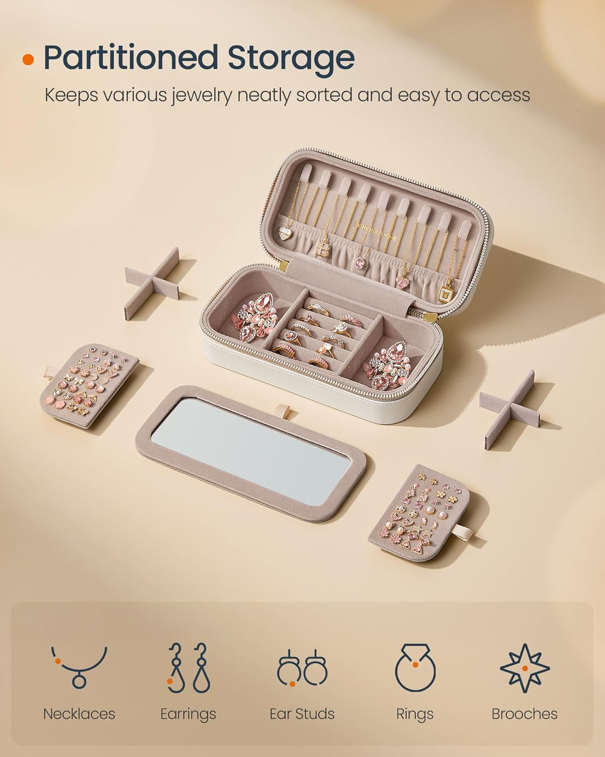 Travel Jewelry Box - Compact Jewelry Organizer with Mirror, PU Leather with Stitching, Portable Design, Zipper Closure
